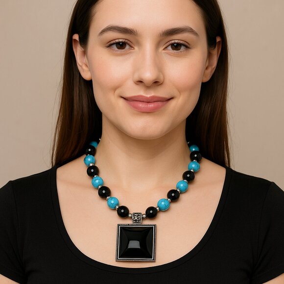 Vintage GSJ 925 Sterling Black Onyx and Turquoise Pendant Necklace - Picture 6 of 6